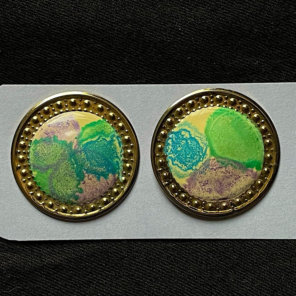 VINTAGE 80’s PIERCED EARRINGS•Round Blue & Green Enamel•gold tone trim•1 1/2”